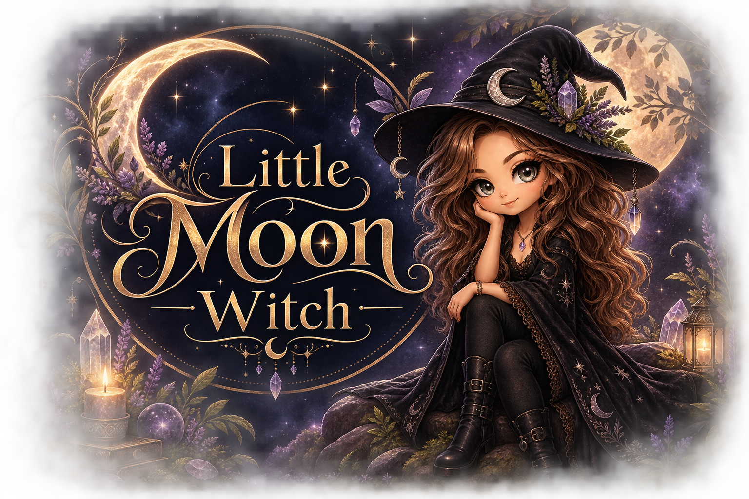 Illustration: Little Moon Witch in einer mystischen Mondnacht mit Lavendel, Kristallen und Kerzenlicht